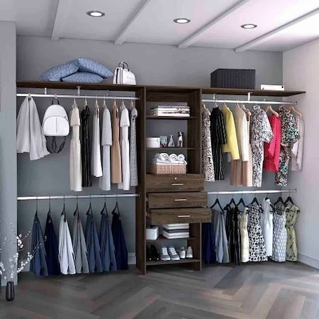 Tuhome Plego 69in W, 118in W Drawers Closet System, 5 Shelves, 4 Hanging Rods, Three Drawers, Dark Walnut CLC5363